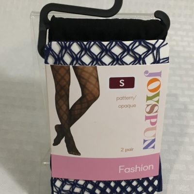 2 PAIR JOYSPUN FASHION TIGHTS / NAVY FISHNET & BLACK OPAQUE / SIZE S / NEW